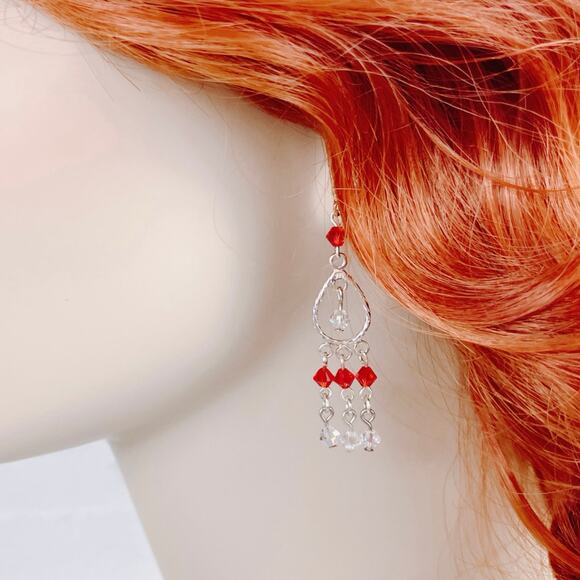 Vintage Artisan Sterling Silver Red Swarovski Crystal Dangle Earrings Handmade - Picture 5 of 13